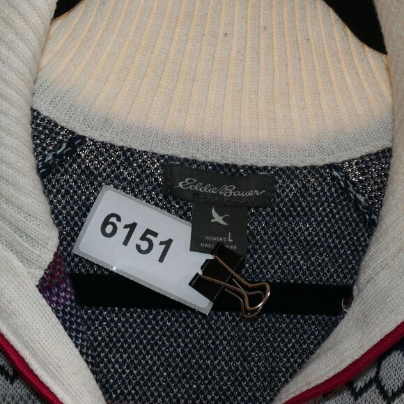 Eddie Bauer Sweater Women Large Ivory Blue Fair Isle 1/2 Zip Ski Holiday Party - Picture 8 of 8